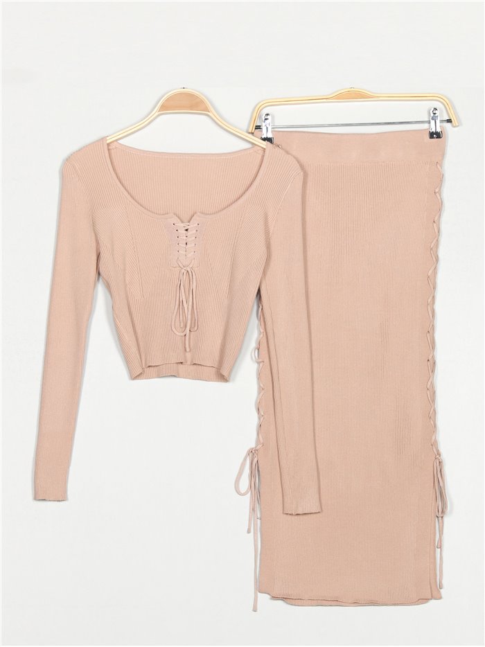 Lace up knit top + midi skirt 2 sets camel