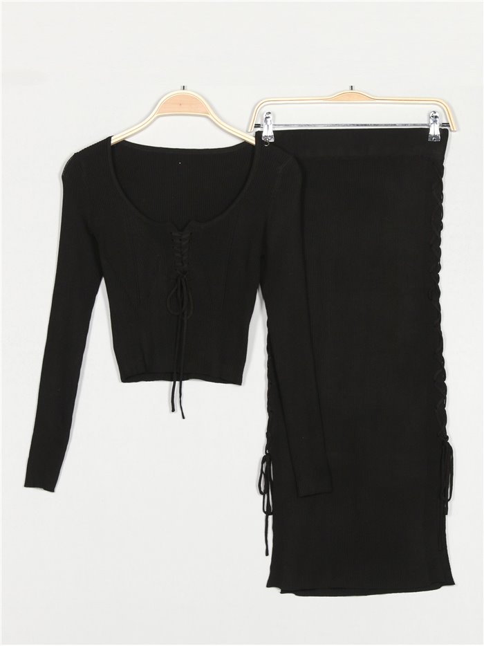 Lace up knit top + midi skirt 2 sets negro