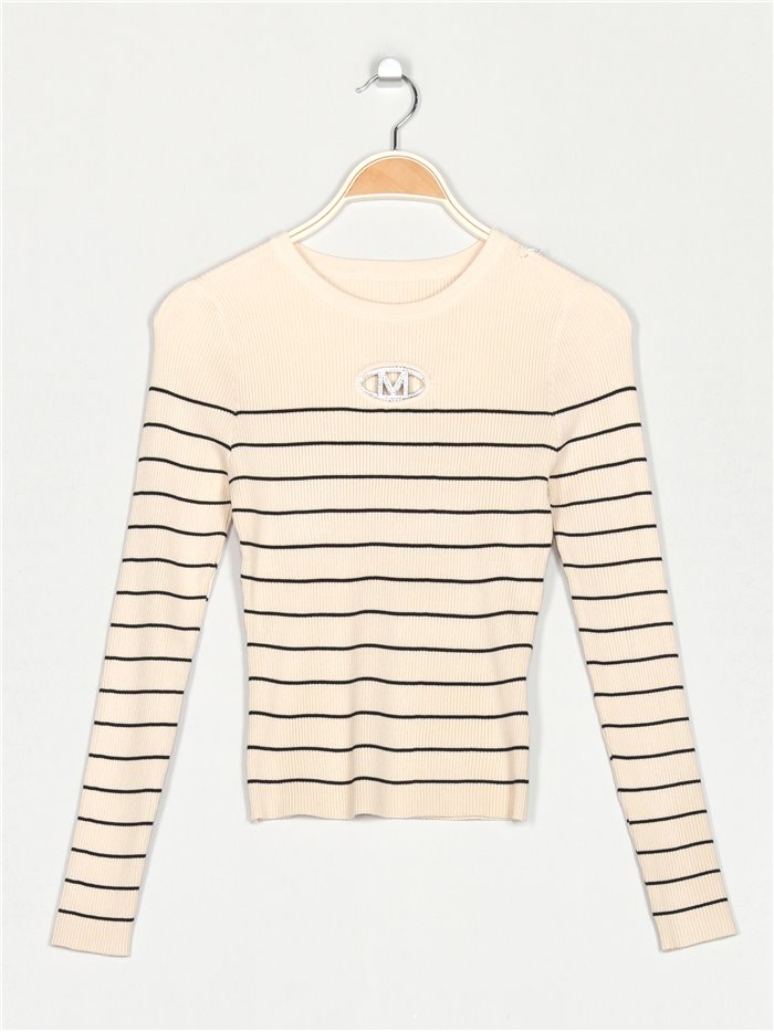 Striped sweater with metallic detail beis