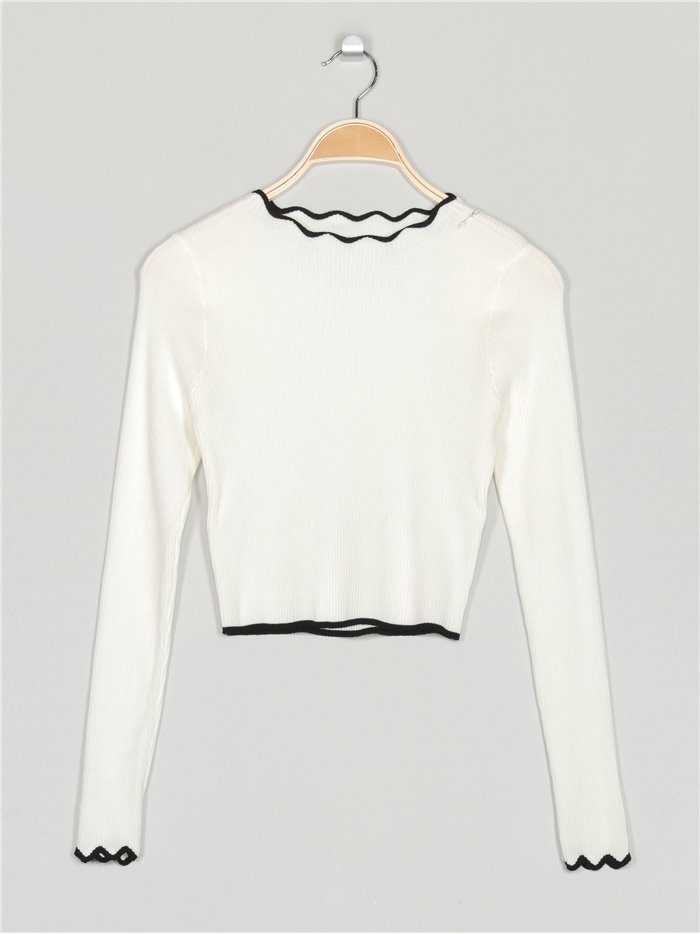 Contrast waves knit top blanco