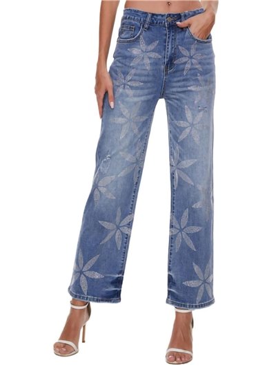 Jeans rectos flore strass azul (XS-S-M-L)