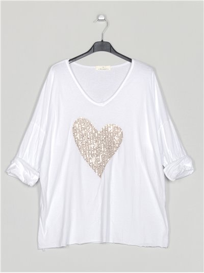 Oversized heart t-shirt with sequins blanco
