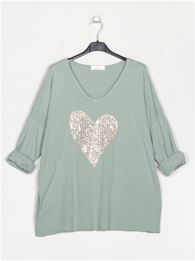 Oversized heart t-shirt with sequins verde-agua