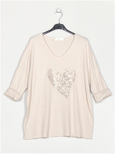Oversized heart t-shirt with sequins beis