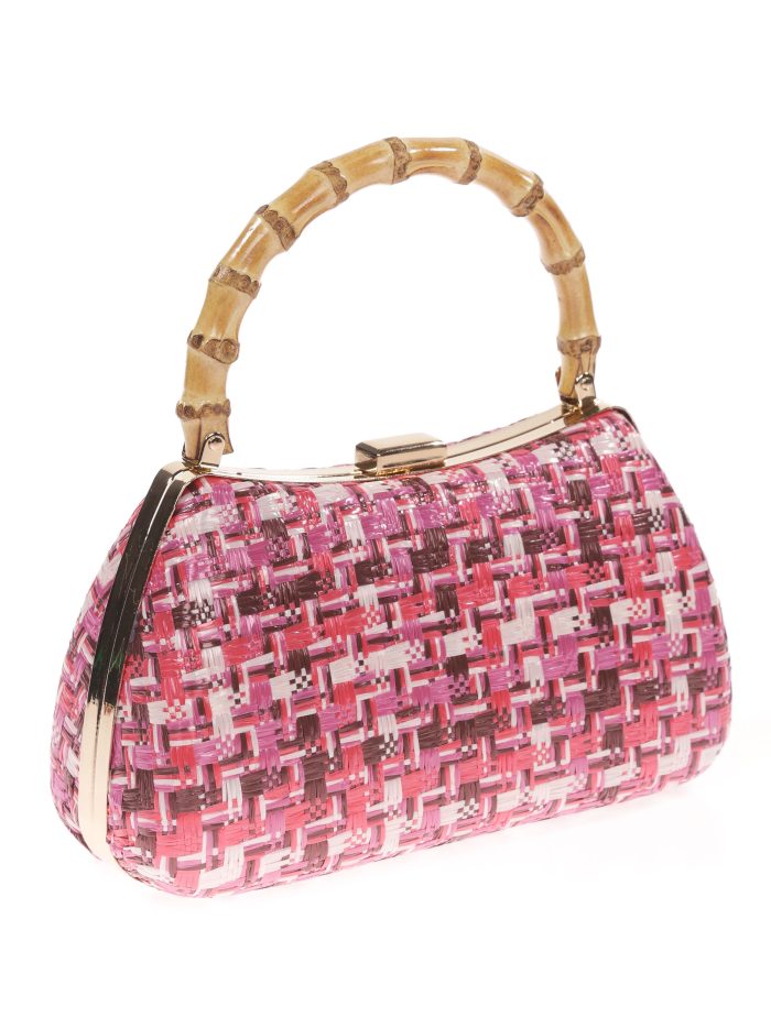 Raffia-Party-Clutch mit Bambusgriff in Multibougainvillea.