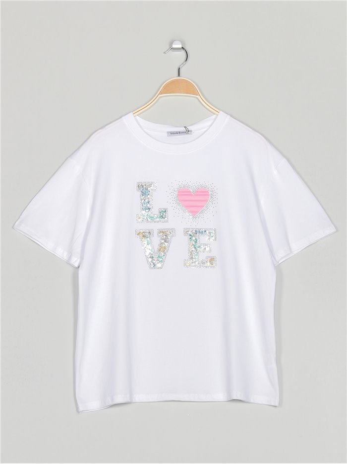 Camiseta amplia love lentejuelas blanco-verde