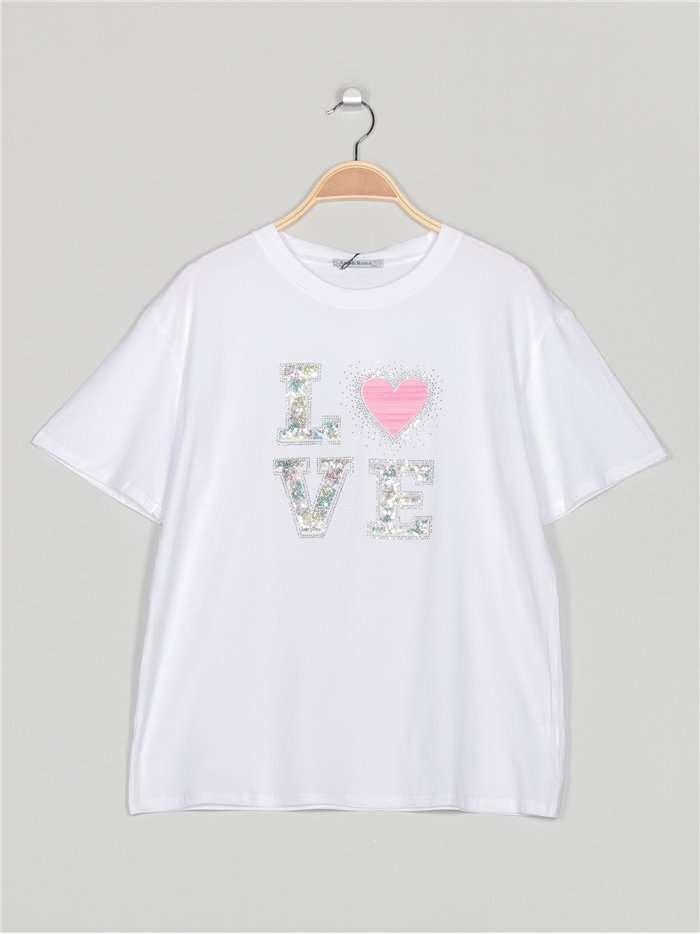 Oversized love t-shirt with sequins blanco-amarillo