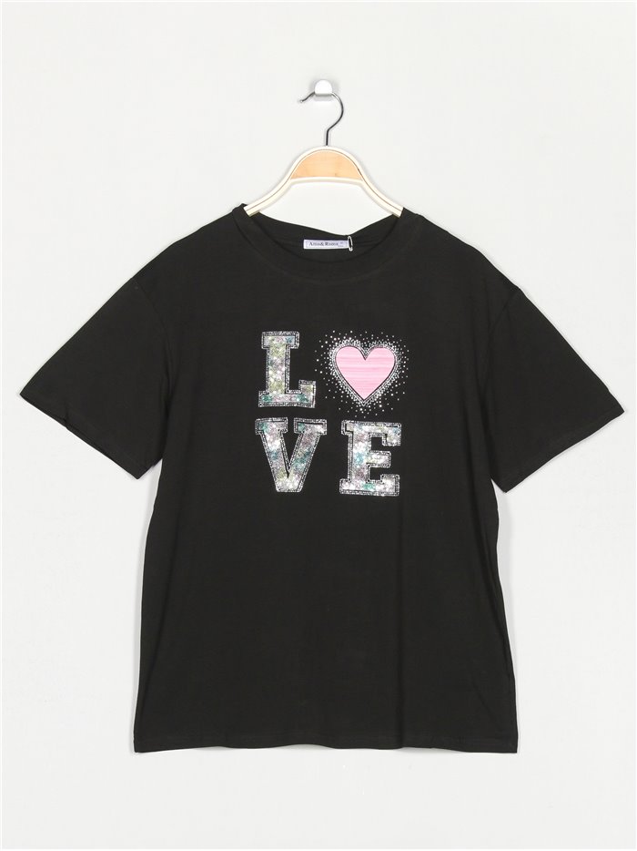 Oversized love t-shirt with sequins negro-amarillo