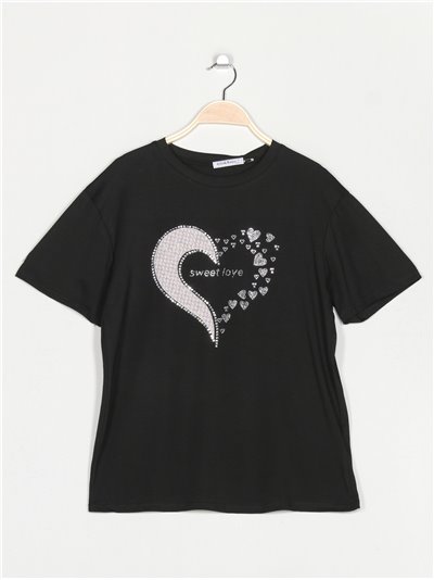 Camiseta amplia corazón strass negro-rosa