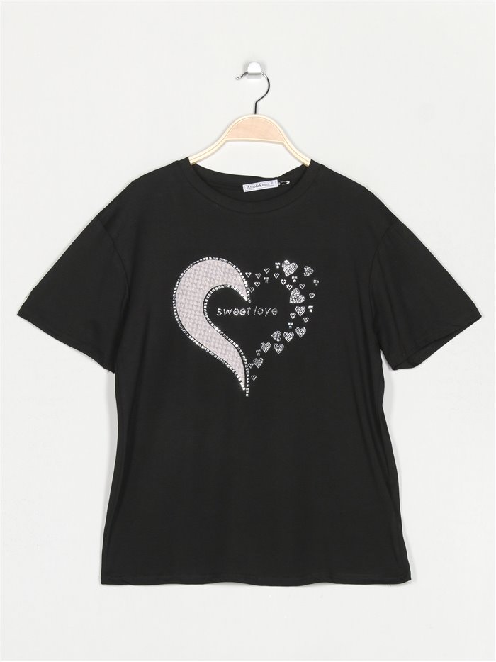 Oversized heart t-shirt with rhinestone negro-rosa