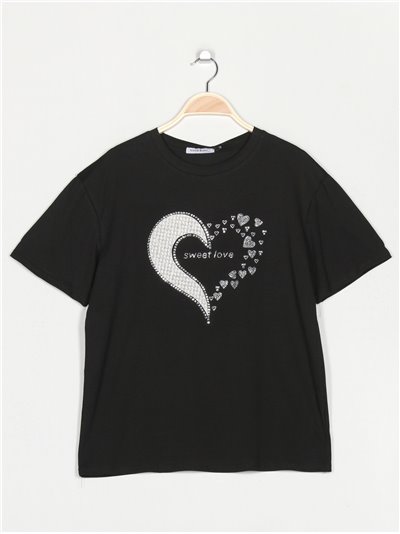 Camiseta amplia corazón strass negro-beis