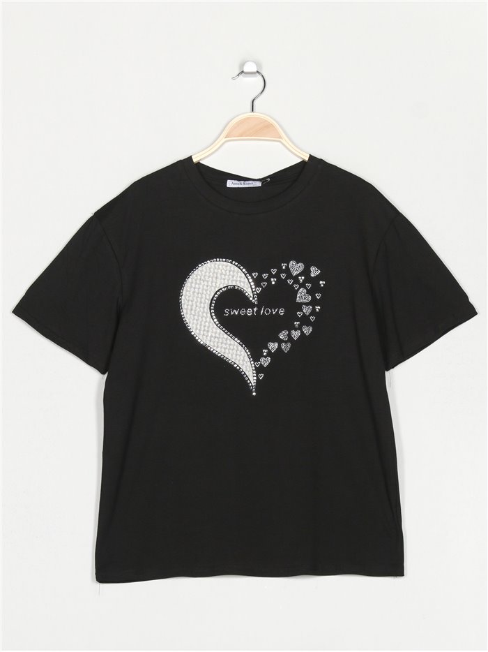Oversized heart t-shirt with rhinestone negro-beis