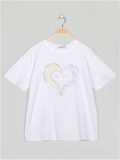 Camiseta amplia corazón strass blanco-beis
