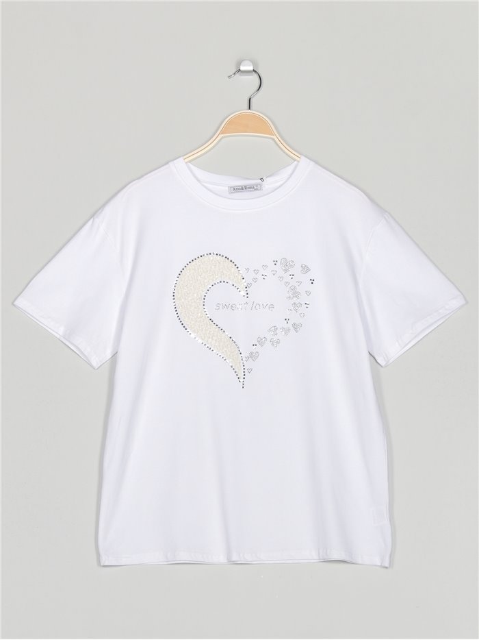 Oversized heart t-shirt with rhinestone blanco-beis