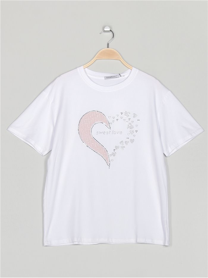 Camiseta amplia corazón strass blanco-rosa