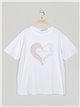 Camiseta amplia corazón strass blanco-rosa
