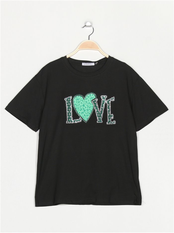 Oversized love t-shirt with rhinestone negro-verde