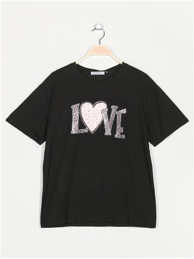 Camiseta amplia love strass negro-rosa