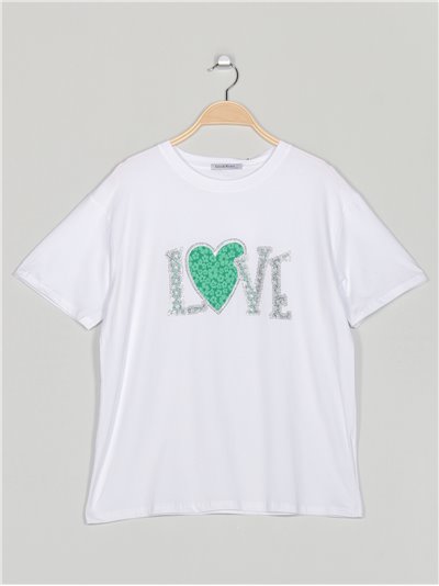 Camiseta amplia love strass blanco-verde