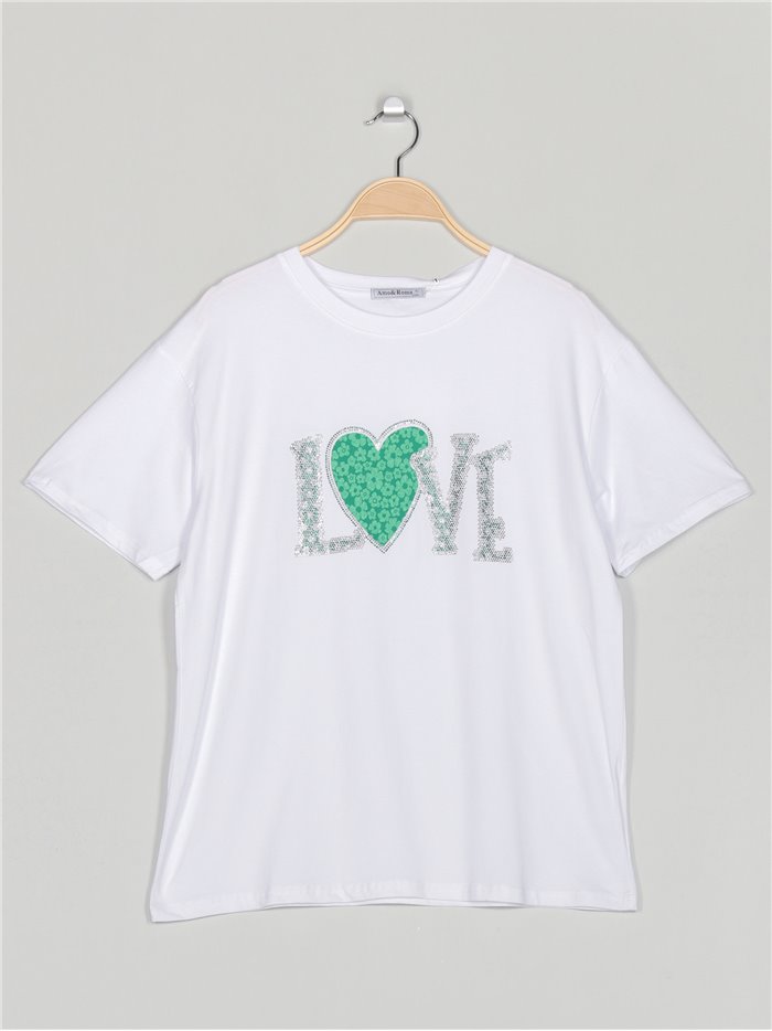 Oversized love t-shirt with rhinestone blanco-verde