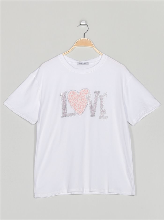 Oversized love t-shirt with rhinestone blanco-rosa