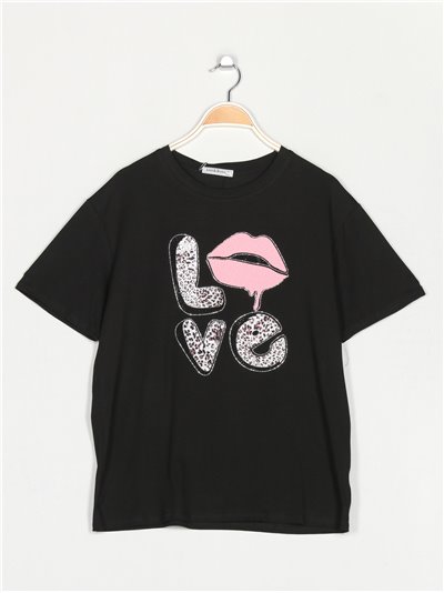 Camiseta amplia love strass negro-rosa