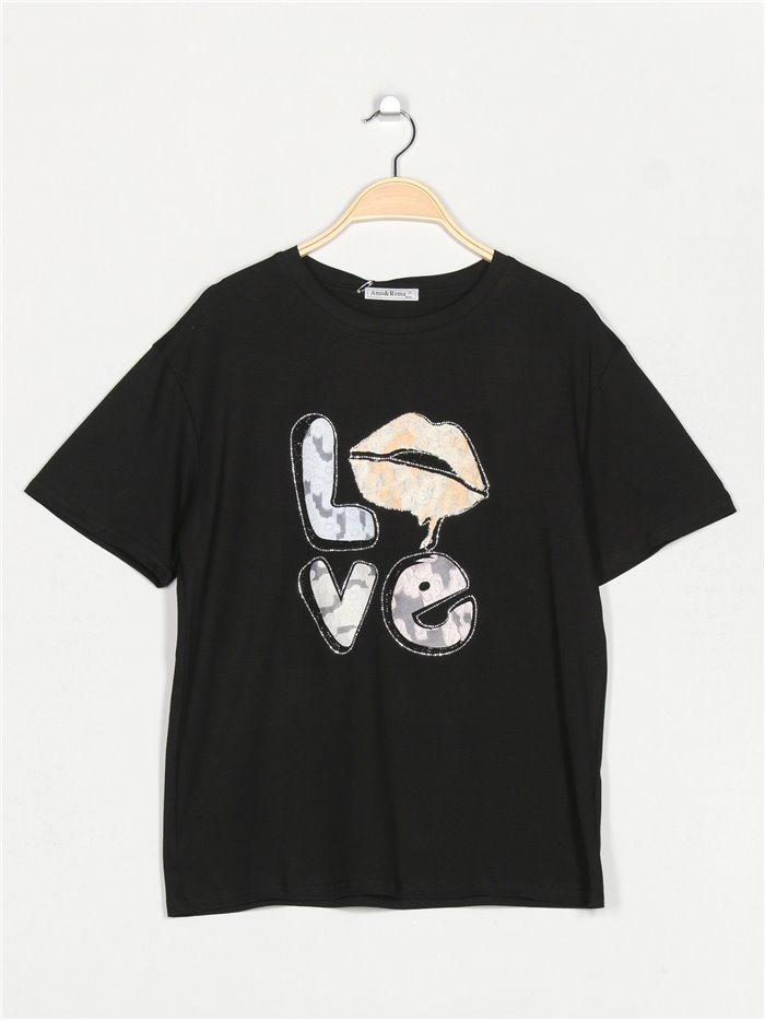 Oversized love t-shirt with rhinestone negro-amarillo