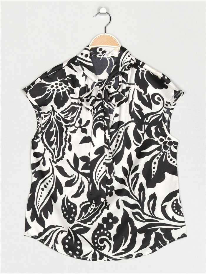 Satin printed blouse with bows negro
