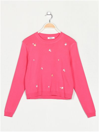 Embroidered floral sweater fucsia