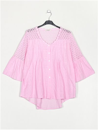 Plus size die-cut embroidered blouse rosa