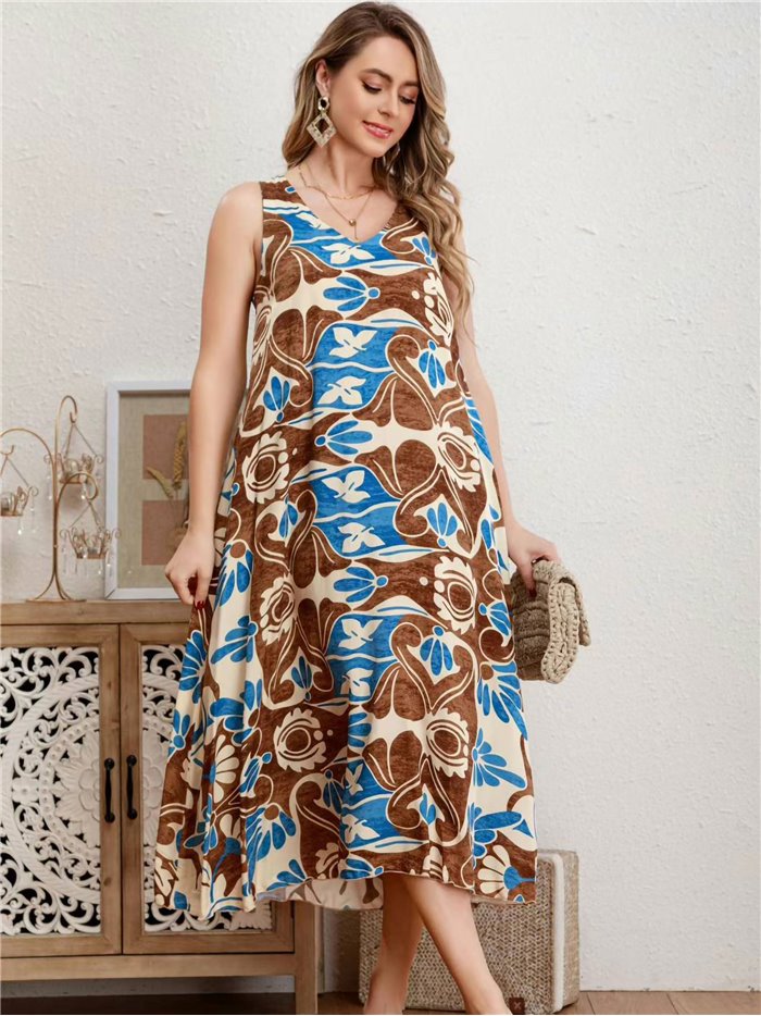 Printed evase dress azul-marron