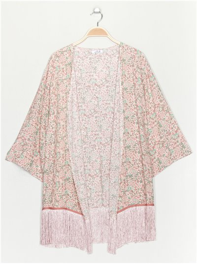 Fringed printed kimono rosa-claro