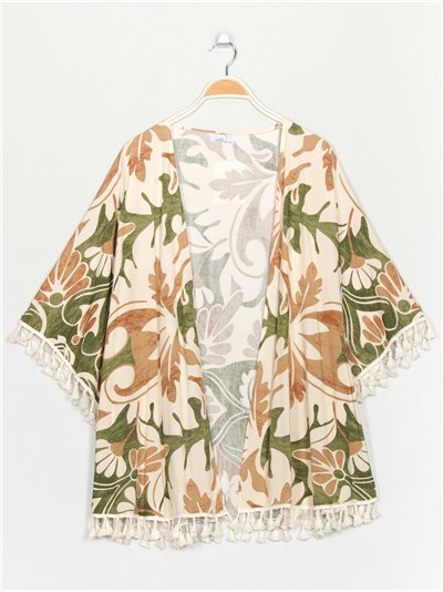 Kimono maxi estampado borlas verde-camel