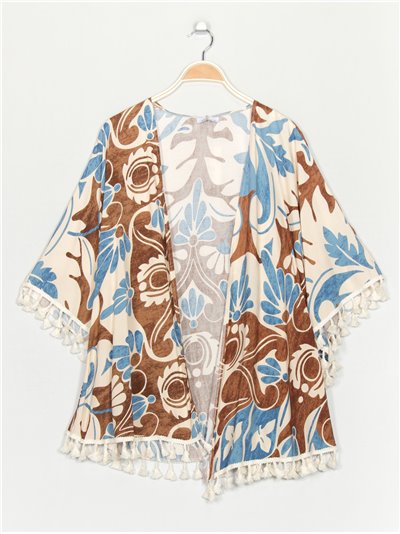 Kimono maxi estampado borlas azul-marrón