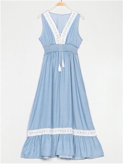 Denim effect dress with guipure azul-claro