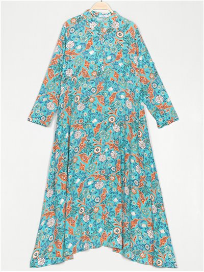 Vestido camisero maxi floral turquesa