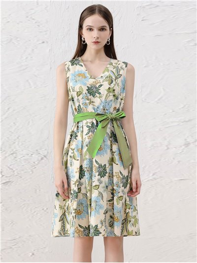 Belted floral dress beis