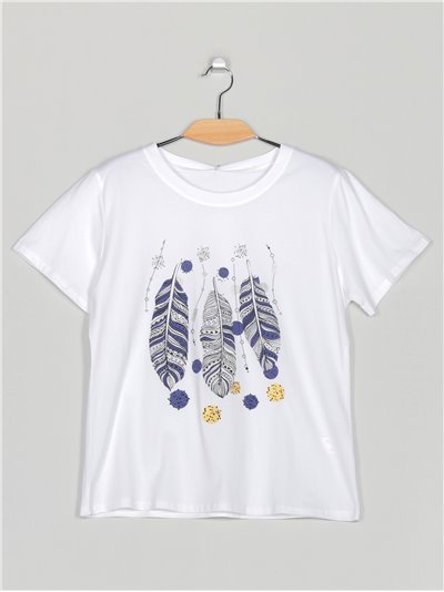 Feather printed t-shirt blanco (S/M-L/XL)