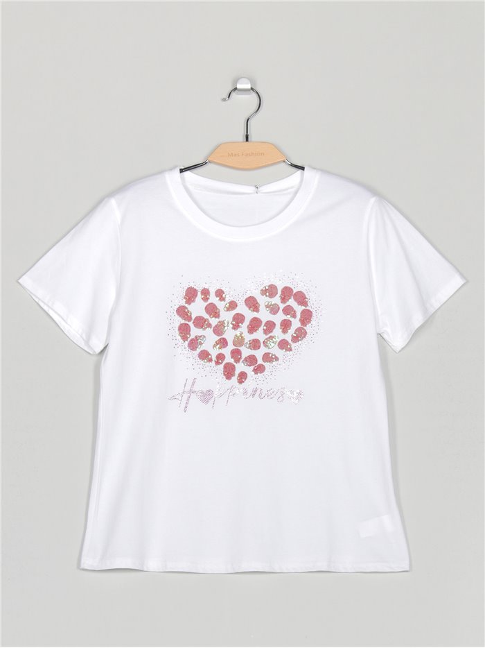 Camiseta amplia corazón lentejuelas blanco (M/L-XL/XXL)