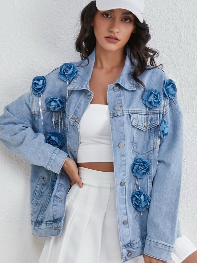 Oversized denim jacket with flowers azul (S-M-L)