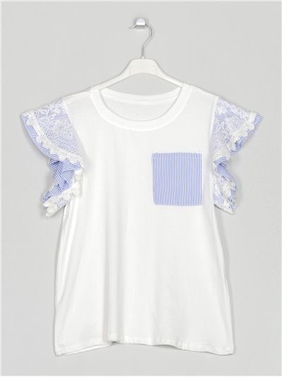 Camiseta rayas manga encaje blanco-azul