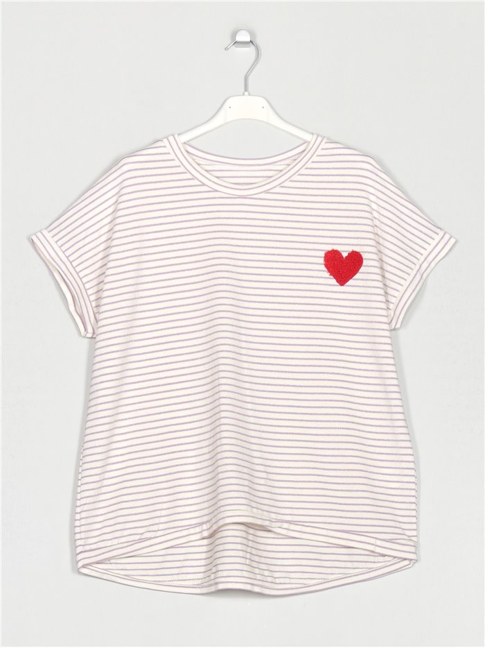 Camiseta rayas corazón lila