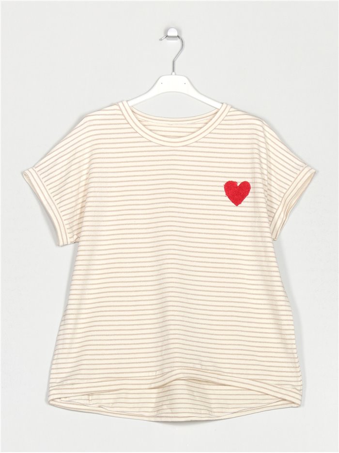 Camiseta rayas corazón beis