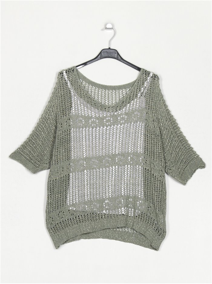 Metallic thread sweater + top verde-militar