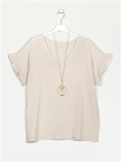 Linen effect blouse with ruffle trims beis
