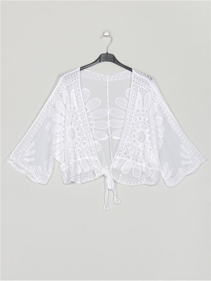 Plus size cropped lace jacket blanco