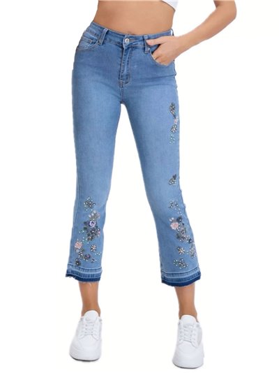 Jeans flare bordado flores azul (S-XXL)