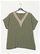 Plus size V-neck blouse + trousers verde-militar