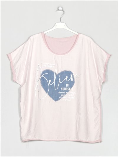 Camiseta amplia corazón rosa-claro