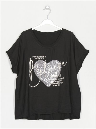 Heart t-shirt with sequins negro